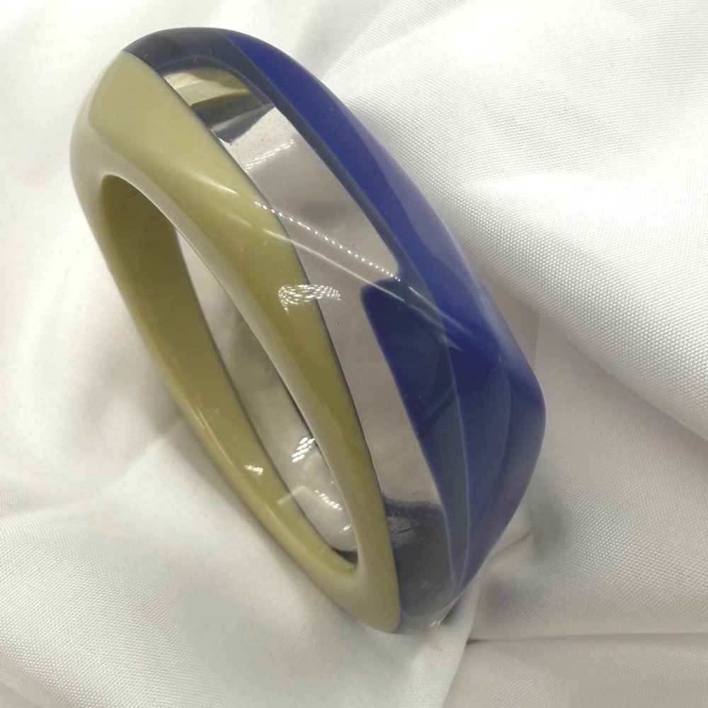 Vintage Chunky Large Striped Bangle Bracelet Navy Blue Clear Geometric Wide